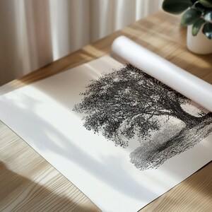 May include: A black and white art print of a large tree, partially rolled up, resting on a wooden surface. The detailed illustration shows the tree's branches and leaves. A white roll of paper is next to the print.