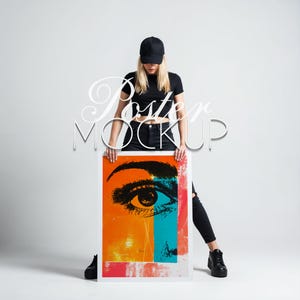 Vertical Poster Mockup With Person Artwork Mockup Minimal Interior Poster Print Wall Art Mockup DIN A Portret Poster PSD Photoshop Photopea