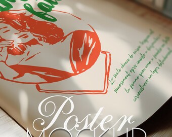 May include: A poster mockup with a green and red illustration of a person. The text on the poster reads "La seule chance de survivre sincerement epris.consiste la femme qu'on aime a  circonstance un leger det."