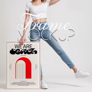 Vertical Frame Mockup With Person Artwork Mockup Minimal Interior Poster Print Wall Art Mockup Portret DIN A Frame PSD Photoshop Photopea