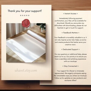 May include: A mockup card with the text "Thank you for your support!" and a wax seal. The card features a blank white surface, a rolled-up paper, and the website address "uhavet.etsy.com". The card also includes text about instant access, feedback, and support.