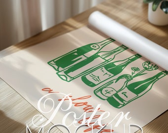 May include: A poster mockup featuring a beige background with a green illustration of wine bottles. The poster has the words "a flower" and "Poster Mockup" in a cursive font. A rolled-up white poster is on top of the poster.