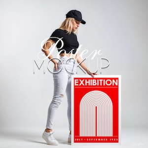 Vertical Poster Mockup With Person Artwork Mockup Minimal Interior Poster Print Wall Art Mockup DIN A Portret Poster PSD Photoshop Photopea
