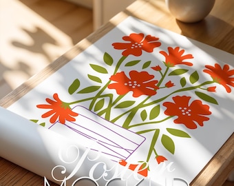 May include: A white poster mockup with a rolled edge, featuring a stylized illustration of orange flowers in a purple vase with green leaves. The poster is on a wooden surface.