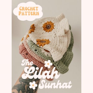 May include: A stack of three crocheted sunflower hats in cream, green, and pink. The hats are labelled "The Lilah Sunhat" with a flower graphic.