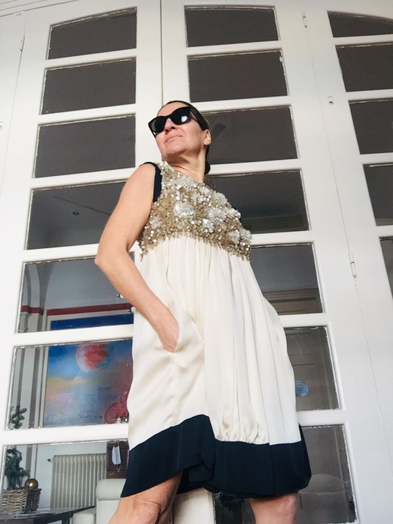 black and gold vintage dress Spring 1986 Yves Saint Laurent Black Crepe & Jersey Dress w Gold Lame –  Shrimpton Couture main image 1