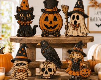 Vintage Halloween Wooden Block Set, Spooky Farmhouse Mantel Decor, Black Cat Pumpkin Ghost Mummy Witch Figurine, Fall Tabletop