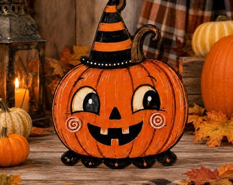 Halloween Pumpkin Wood Cutout – Festive Autumn Tabletop Decoration, Plywood Character Standee