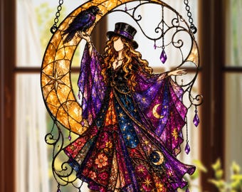 Ste.vi.e Witch Raven Moon Suncatcher, Acrylic Stained Glass Style Window Art
