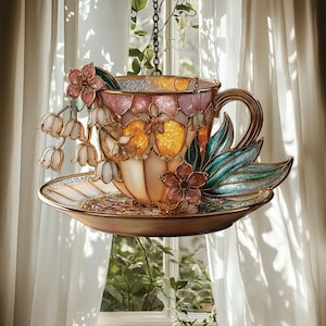 Vintage Teacup and Lily of the Valley Flower Acrylic Suncatcher – Faux Stained Glass Cup & Saucer Window Hanging, Home Decor Gift