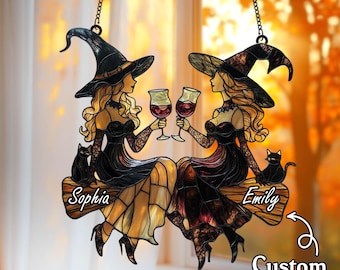 2D Flat Elegant Witch Suncatcher, Faux Stained Glass, Halloween Home Decor