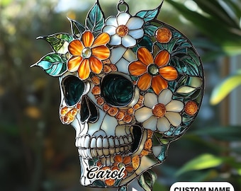 2D Flat Floral Sugar Skull Acrylic Suncatcher, Dia De Los Muertos Decor