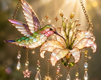 Iridescent Hummingbird Lily Suncatcher, Faux Stained Glass Window Hanging, Acrylic Floral Decor