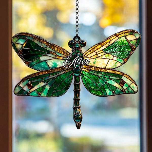 Acrylic Dragonfly Suncatcher – Teal Faux Stained Glass Window Decor