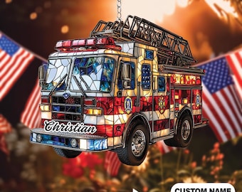 Camión de bomberos de vidrio falso 2D plano, atrapasol, decoración patriótica para ventanas