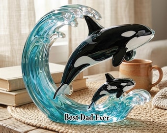 Personalized Orca Family Wave Sculpture, Custom Acrylic Dad & Kids Ocean Decor