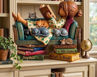 Wooden Cat Lover Book Nook, Reading Girl Shelf Decor, Personalized Bookend Accent