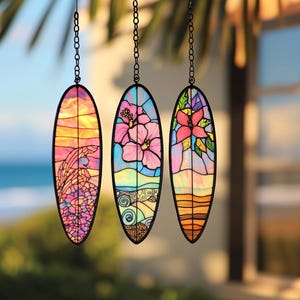 Surfboard Acrylic Window Hanging, Faux Stained Glass Surf Suncatcher, Summer Coastal Decor, Beach House Ornament, Surfboard Gift