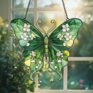 Lily of the Valley Monarch Butterfly Faux Stained Glass ACRYLIC Suncatcher – Nature Window Hanging for Cottagecore & Spring Decor