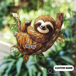 2D Flat Sloth Suncatcher – Faux Stained Glass Window Hanging, Forest Decor