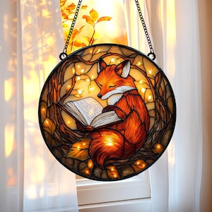 Bookworm Fox Acrylic Suncatcher – Faux Stained Glass Fox with Open Book & Fireflies Window Hanging, Unique Gift for Book Enthusiasts