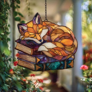 Fox & Books Faux Stained Glass Acrylic Window Hanging – Whimsical Reading-Nook Suncatcher, Cottagecore Library Décor Gift