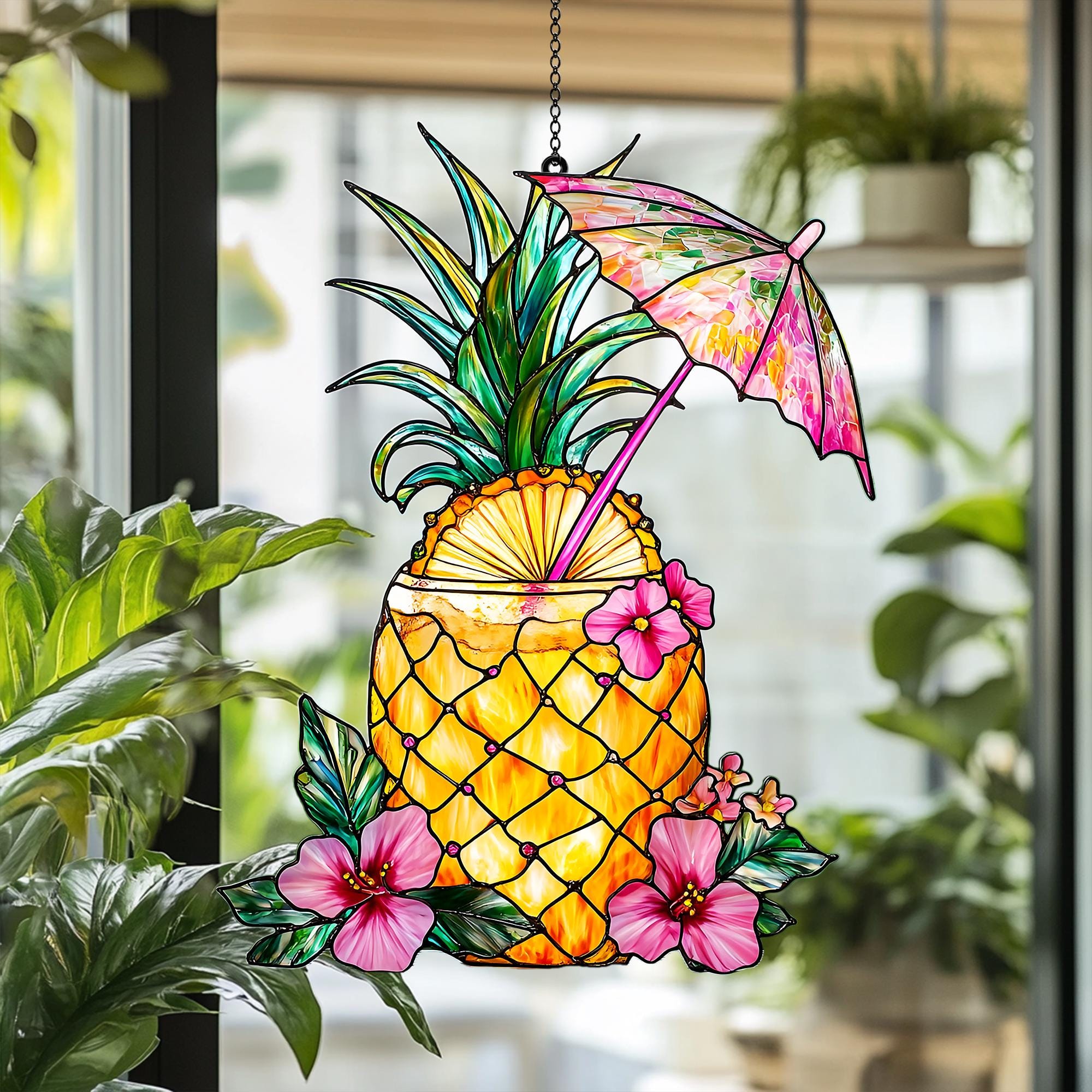 Ananas & Hibiskus Acryl Suncatcher, Hibiskus Faux Buntglas Fensterbehang, Tropisches Getränk Dekor Geschenk für Strandhaus und Terrasse