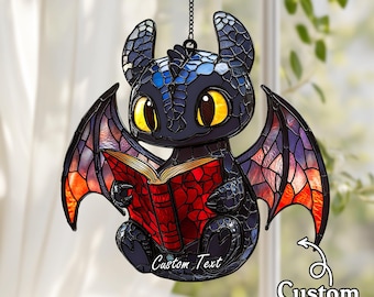 Dragon Reading Book ACRYLIC  Suncatcher – Faux Stained Glass Window Art
