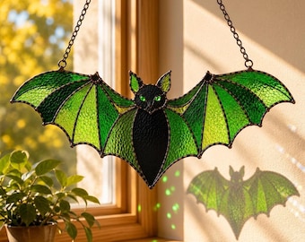 Gothic Stained Glass Bat Suncatcher, Halloween Window Hanging Art, Purple & Black Vampire Bat Decor, Spooky Home Gift, Witchy Ornament