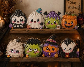 Cute Halloween Dumpling Wooden Blocks Decor Set Kawaii Character Shelf Sitter Spooky Season Home Decoration Kids Room Gift Holiday Display
