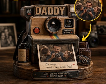 Personalized Wooden Camera Photo Block, Custom Engraved Dad Gift, Desktop Memory Keepsake