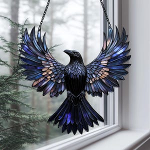 Gothic Raven Faux Stained Glass Suncatcher – Acrylic Window Decor for Halloween or Dark Home Vibes, Gothic Home & Wall Art Decor
