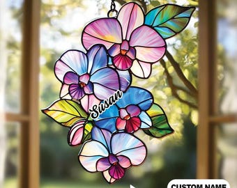 2D Flat Orchid Suncatcher, Faux Stained Glass Window Hanging