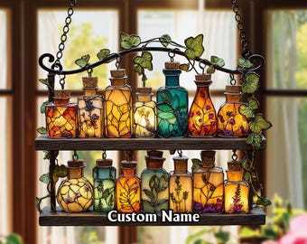 Apothecary Bottle Suncatcher: Faux Stained Glass, Botanical Potion Shelf Decor