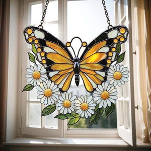 Yellow Butterfly With White Daisies Acrylic Window Hanging – Faux Stained Glass Floral Suncatcher, Home Garden Art Decoration