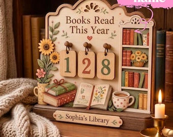 Personalized Wooden Book Tracker, Custom Reading Journal Shelf, Books Read Counter