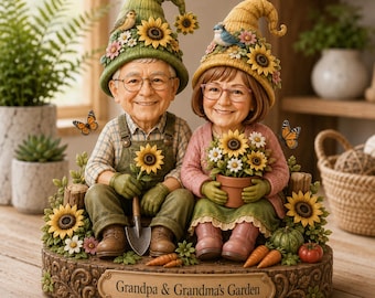 Grandpa Grandma Gnome Figurine, Sunflower Garden Statue, Rustic Farmhouse Decor