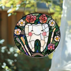 Personalized Colorful Faux Stained Glass Tooth Suncatcher, Unique Dentist Gift, Dental Tooth Art, Acrylic Window Hanging for Dental Decor