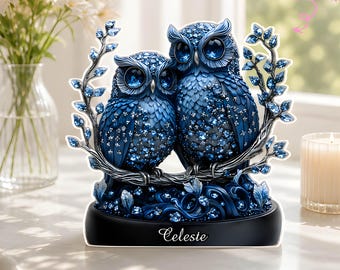 Personalized Owl Family Acrylic Block, Blue Crystal Decor, Custom Family Gift
