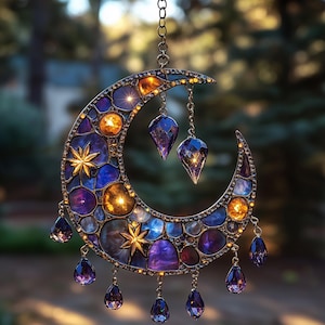 Purple Crescent Moon Suncatcher - Acrylic Celestial Window Hanging