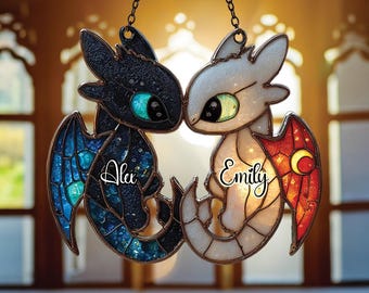 2D Flat Dragon Couple Suncatcher: Faux Stained Glass Acrylic Window Hanging