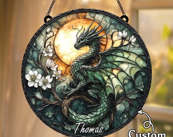 Acryl Grüner Drache Suncatcher 2D | Faux Buntglas Fensterbehang