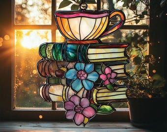 Flower Books And Tea Faux Stained Glass Sun Catcher, Flower Suncatcher Ornament, Bookish Gift, Book Lover Gift, Housewarming Gift
