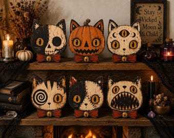 Spooky Halloween Cat Wood Blocks Set, Vintage Distressed Tabletop Decor, Haunted House Party Decorations, Fall Farmhouse Shelf Sitters