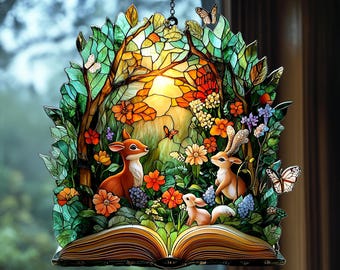 Storybook Forest Acrylic Suncatcher, Enchanted Wildlife Faux Stained Glass Book Window Hanging, Magical Home Decor Gift For Nature Lovers