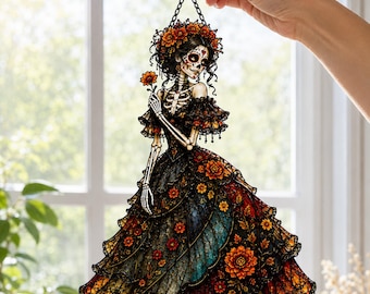 Day Of The Dead Suncatcher, Faux Stained Glass Skeleton Lady Window Hanging, Dia De Los Muertos Floral Dress Art, Autumn Decor Gift
