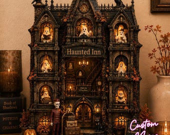 Creepy Halloween Village House, Illuminated Display, Skeleton & Black Cat Decor, Spooky Halloween Decoration