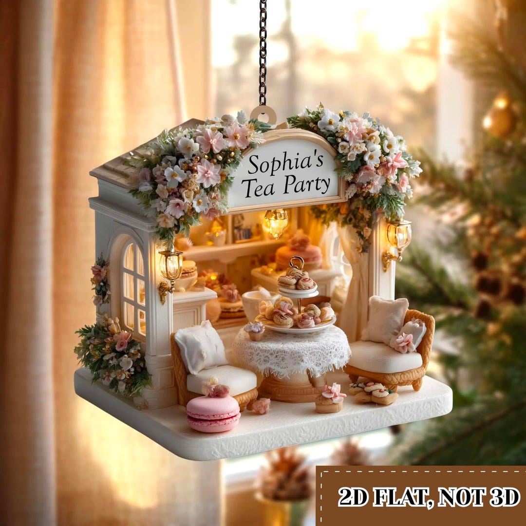 2D Flat Vintage Tea Room Wooden Ornament, Floral Cafe, Acrylic ...