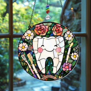 Personalized Dental Tooth With Crystal Charm Faux Stained Glass Tooth Suncatcher, Dentist Gift, Acrylic Window Hanging for Dental Decor