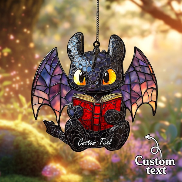 2D Flat Dragon Reading Book ACRYLIC  Suncatcher – Faux Stained Glass Window Art